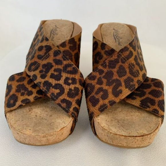 Lucky Brand Miller 2 Cork Wedge Sandals Brown Leopard Mob Wife Wedges - Picture 3 of 9